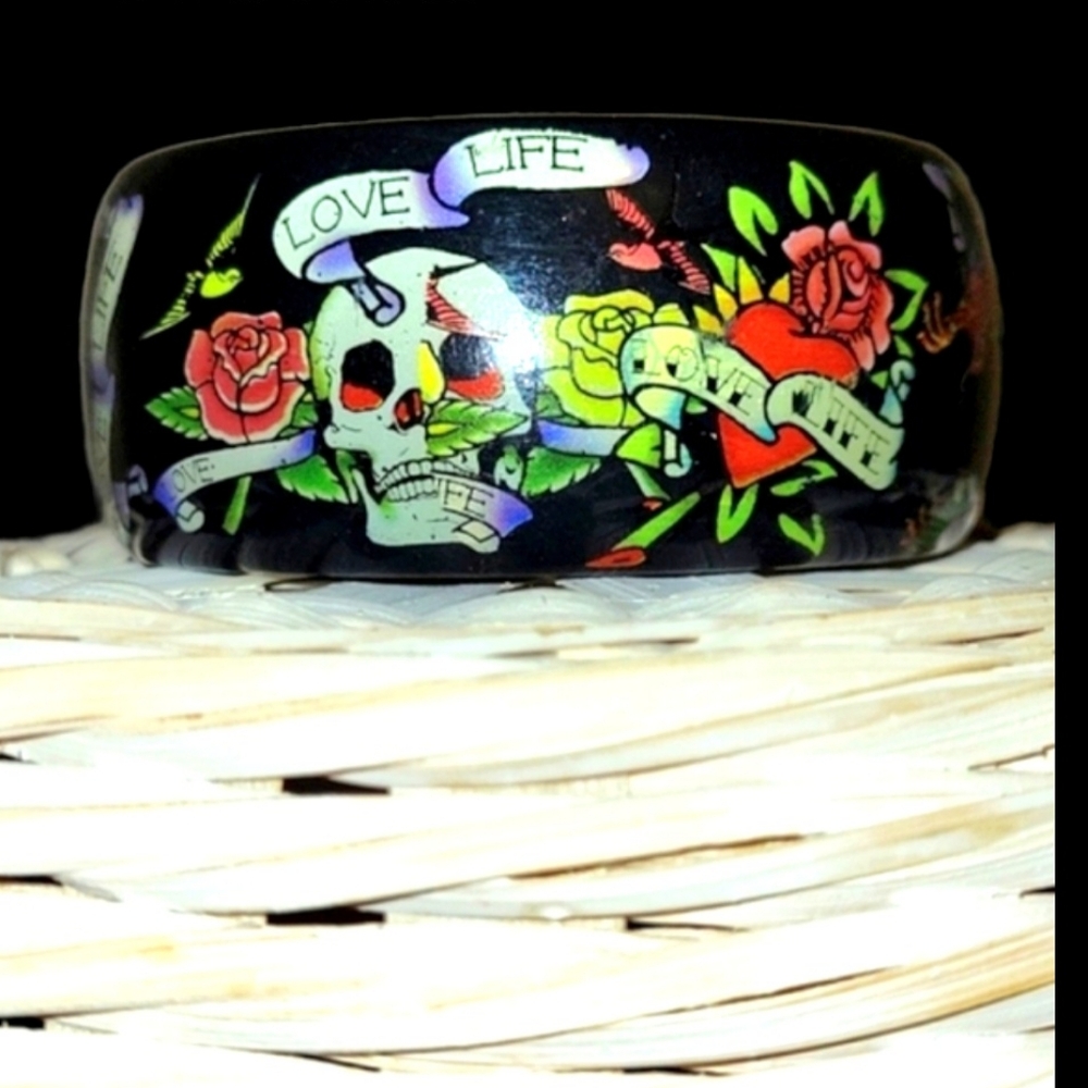 Vtg Y2K tattoo graphics skull dragon butterfly roses black resin bangle bracelet